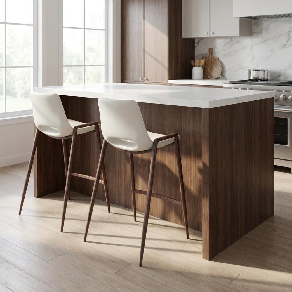 Set of Two 26" White And Brown Steel Low Back Counter Height Bar Chairs