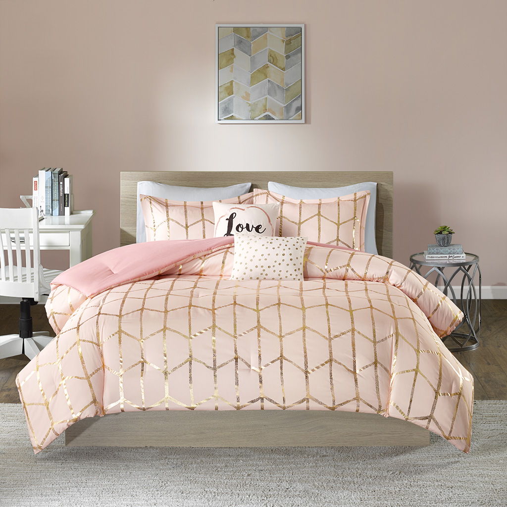 Raina - King Metallic Printed Comforter Set - Blush / Gold