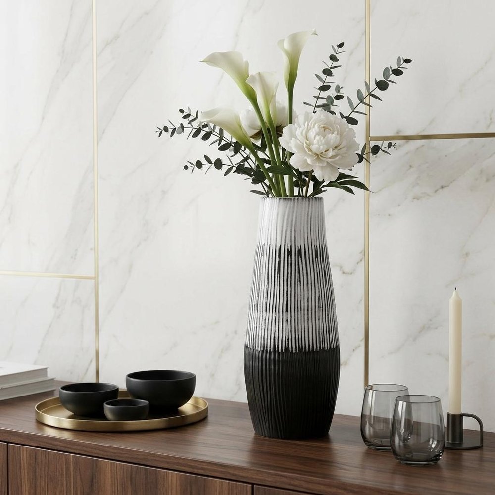 19" Black Gray And White Abstract Cylinder Ceramic Table Vase