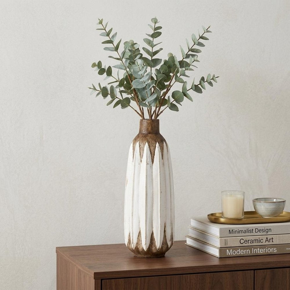 14" Brown And White Abstract Cylinder Ceramic Table Vase