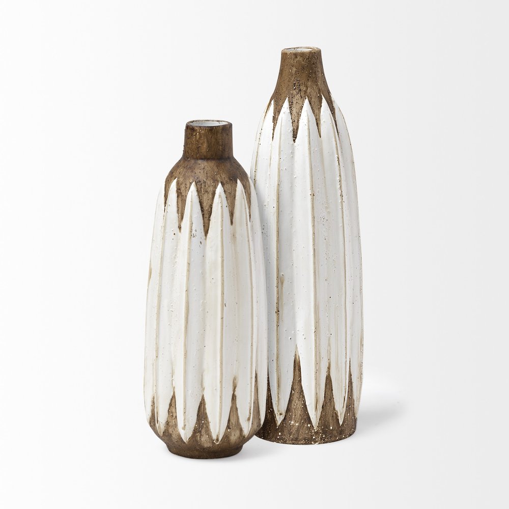 14" Brown And White Abstract Cylinder Ceramic Table Vase