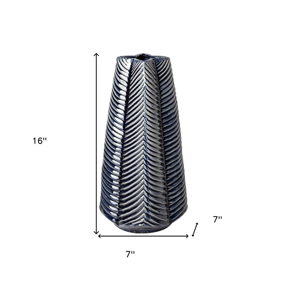 16" Navy Blue And White Abstract Ceramic Table Vase