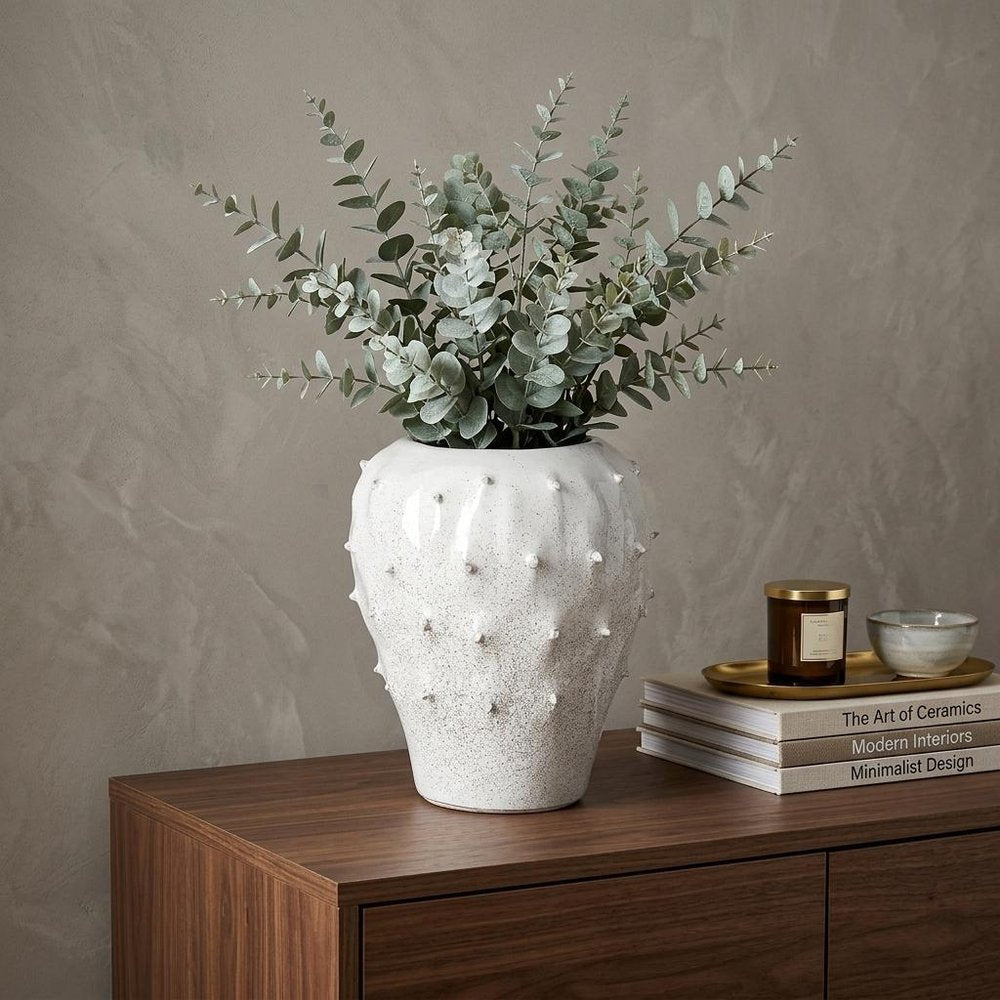 11" White Abstract Cylinder Ceramic Table Vase