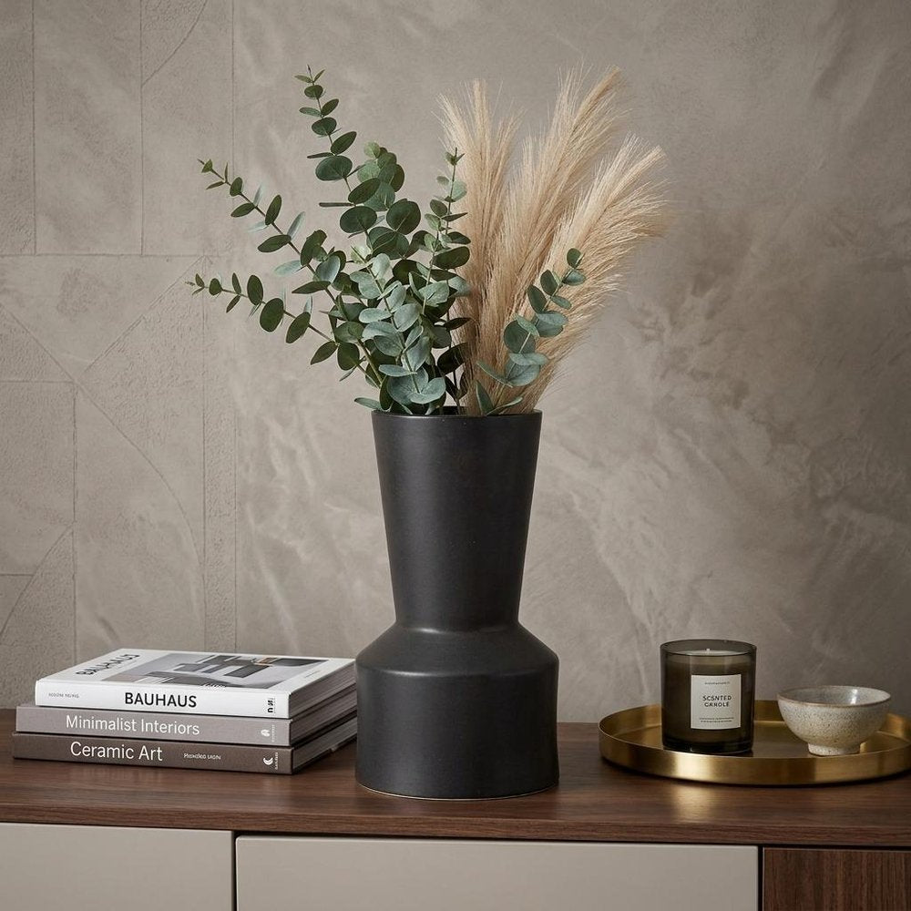 11" Black Abstract Cylinder Ceramic Table Vase