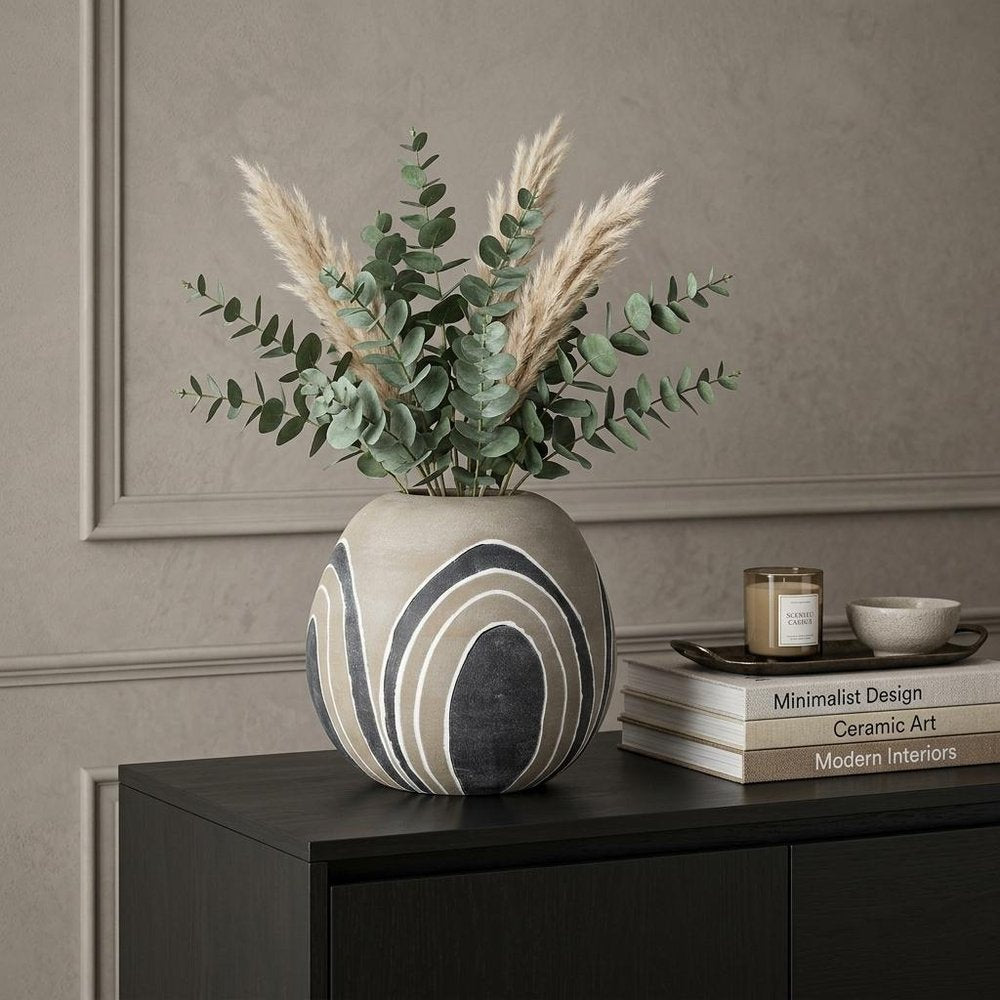 10" Brown And White Abstract Cylinder Ceramic Table Vase