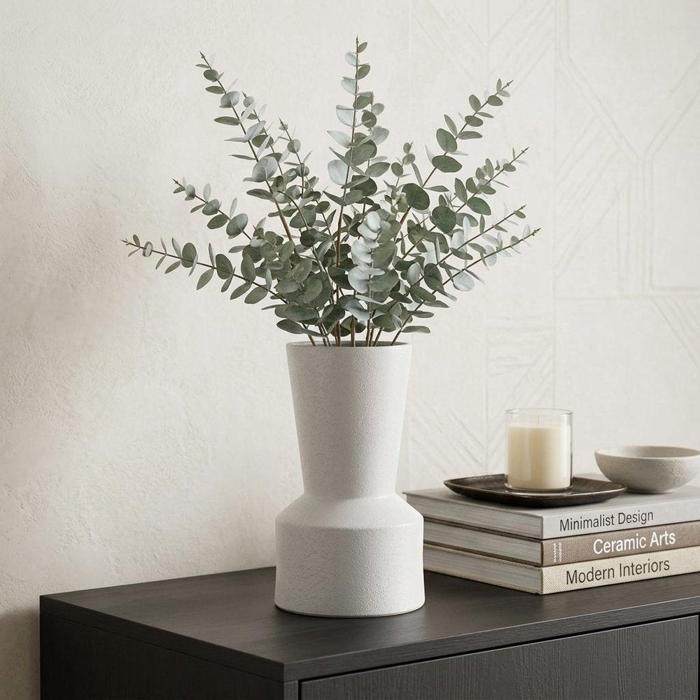 11" White Abstract Cylinder Ceramic Table Vase