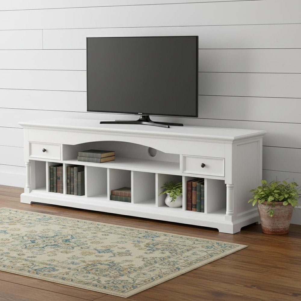 71" White Solid Console Table With Shelves And Drawers