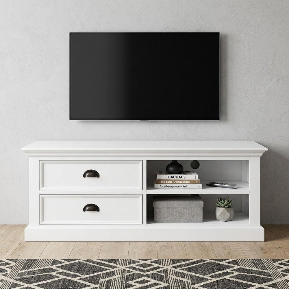 47" White Solid Wood Drawers and Open Shelving Entertainment Center