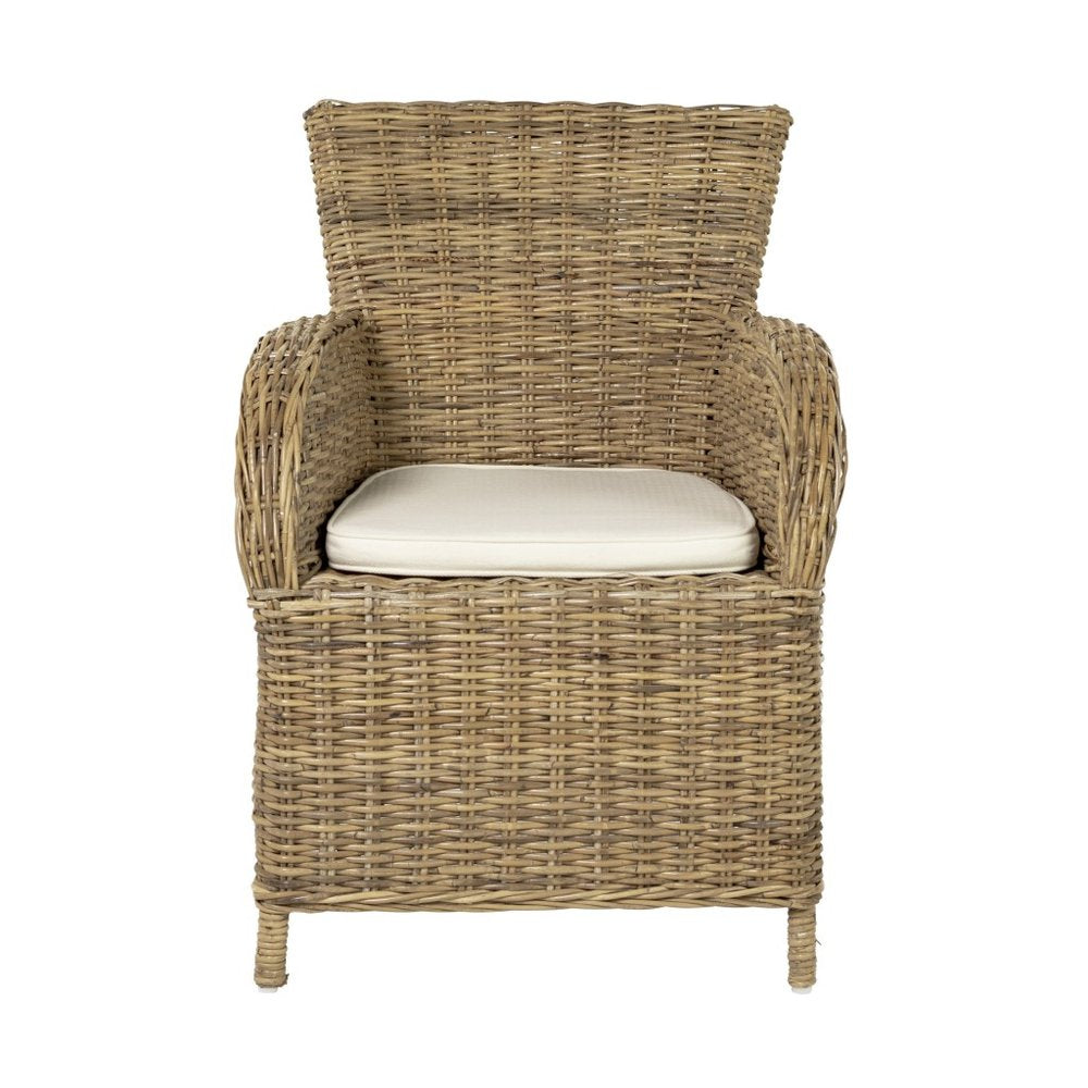 Set of Two Tan Textured Outdoor Dining Chairs with Beige Cushions