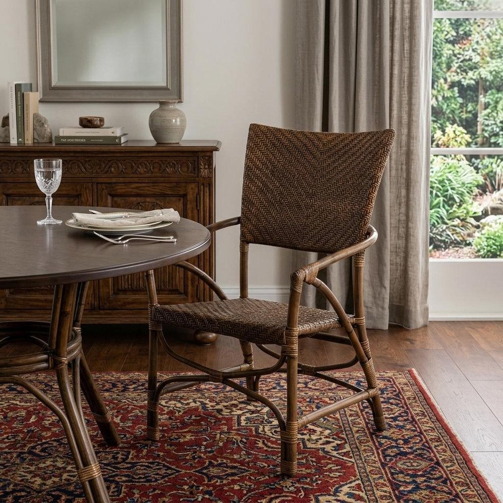 Set of Two Natural Rattan Open Back Dining Arm Chairs