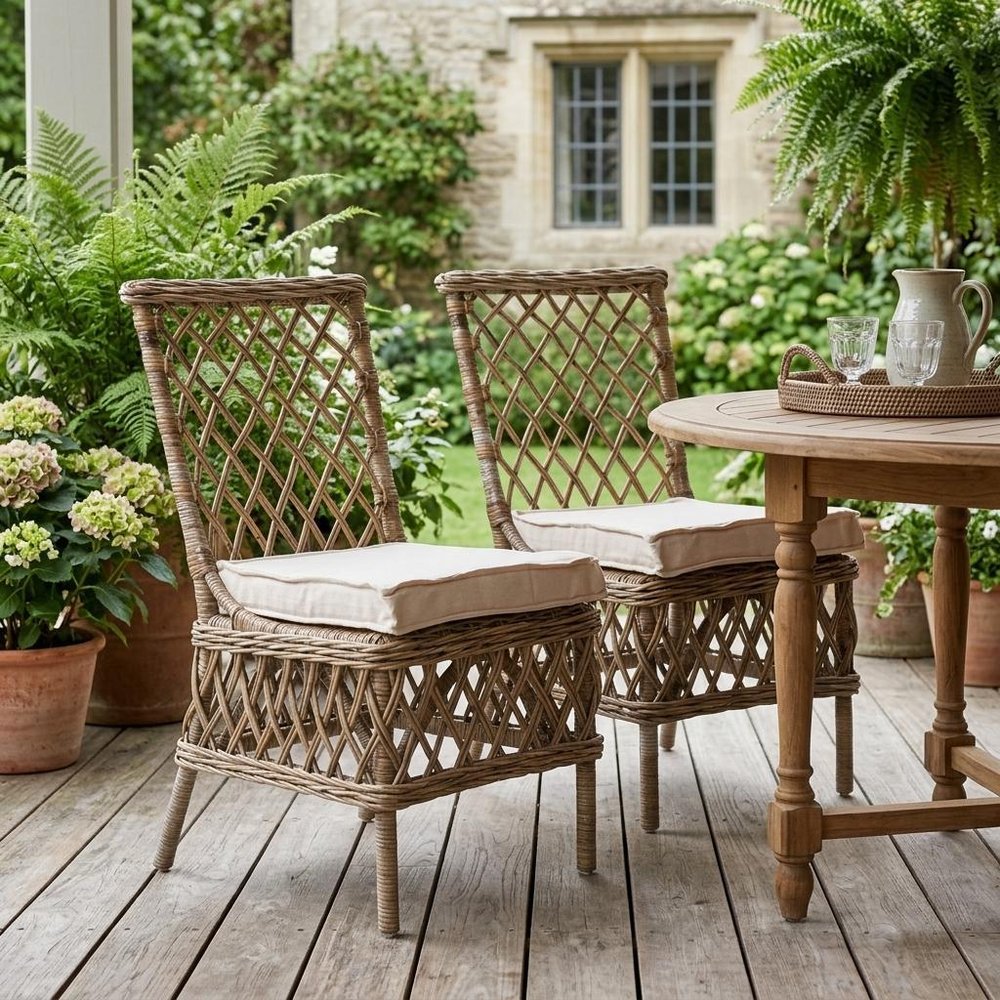 Set of Two Cream Woven Rattan Outdoor Accent Chairs