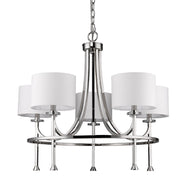 Silver Candle Style Five Light Metal and Crystals Dimmable Chandelier With White Shades