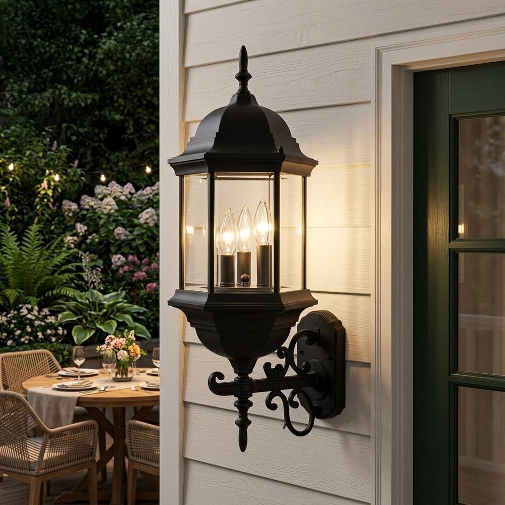 Three Light Matte Black Domed Glass Lantern Wall Light
