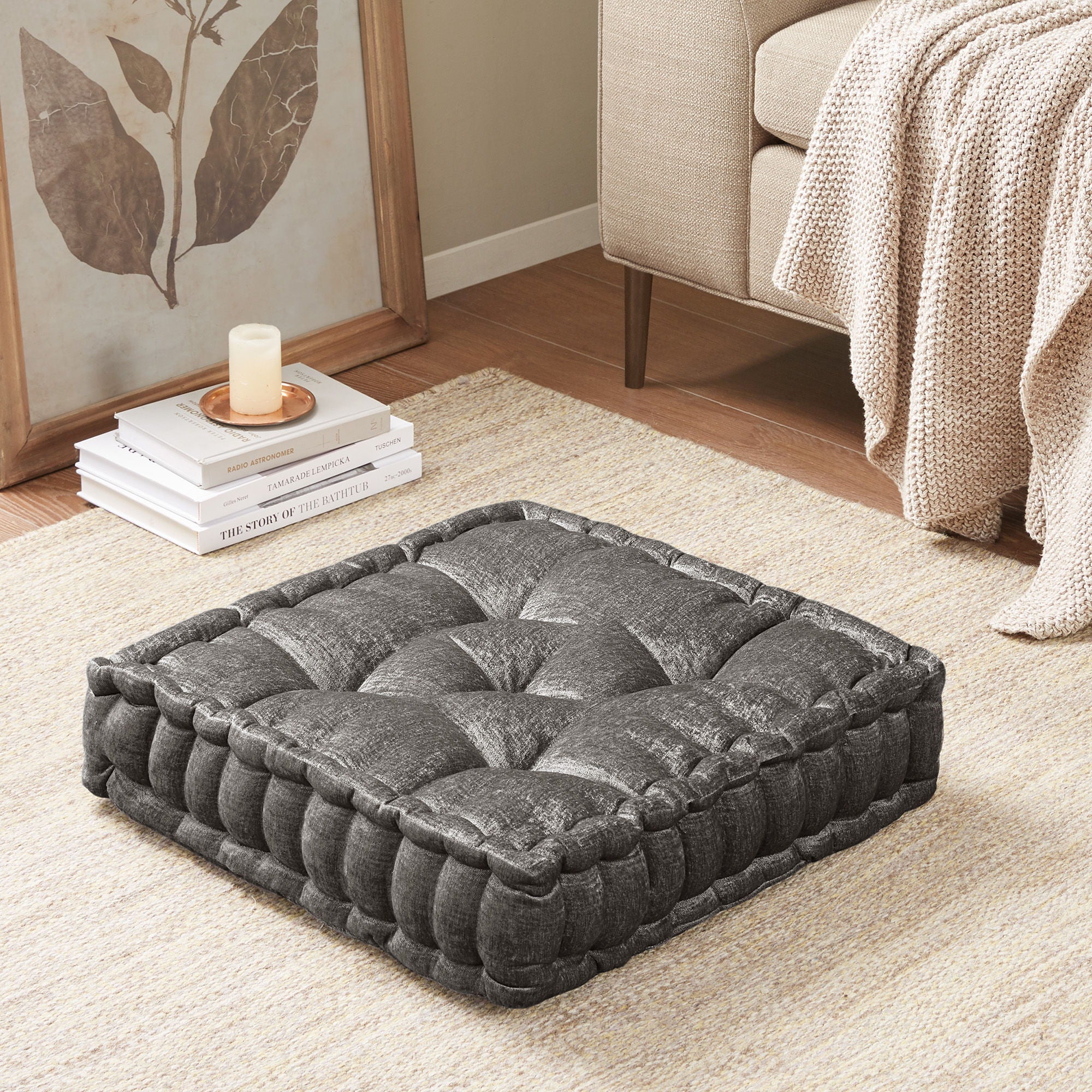 Azza - Poly Chenille Square Floor Pillow Cushion Compress Pack - Charcoal