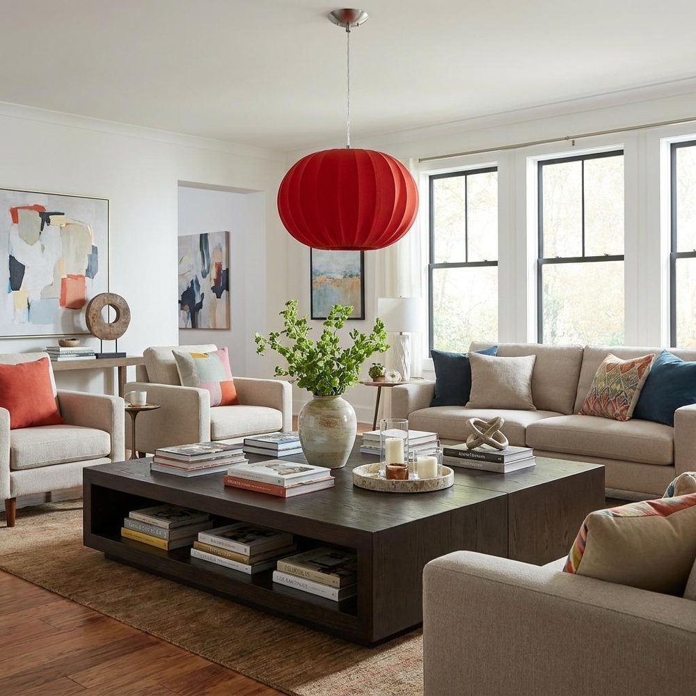 Shanghai 1-Light Brushed Nickel Pendant With Sheer Red Ribbon Shade