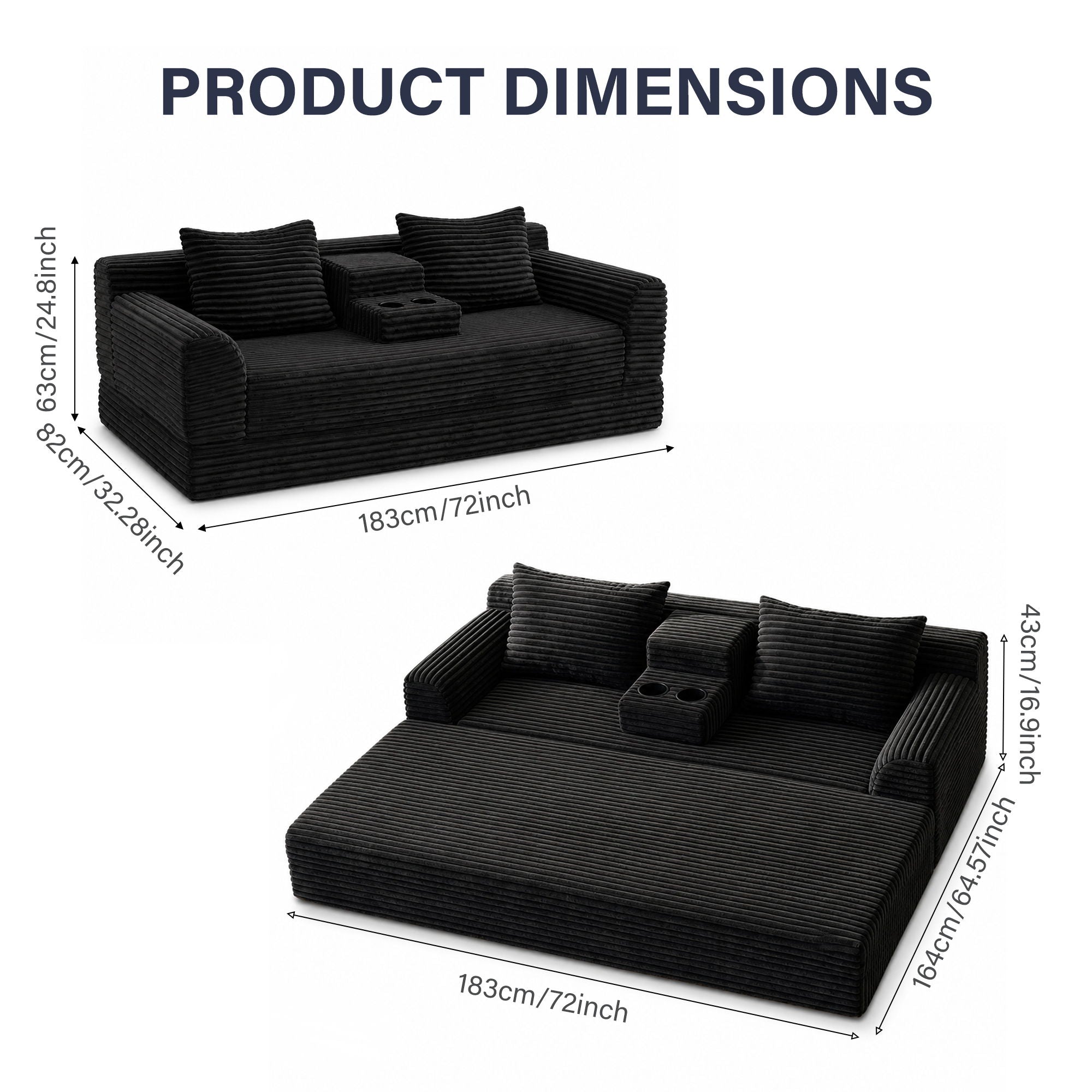Soft Striped Convertible Sofa Bed, Dual Use Lounge Couch With Cup Holders And Pillows