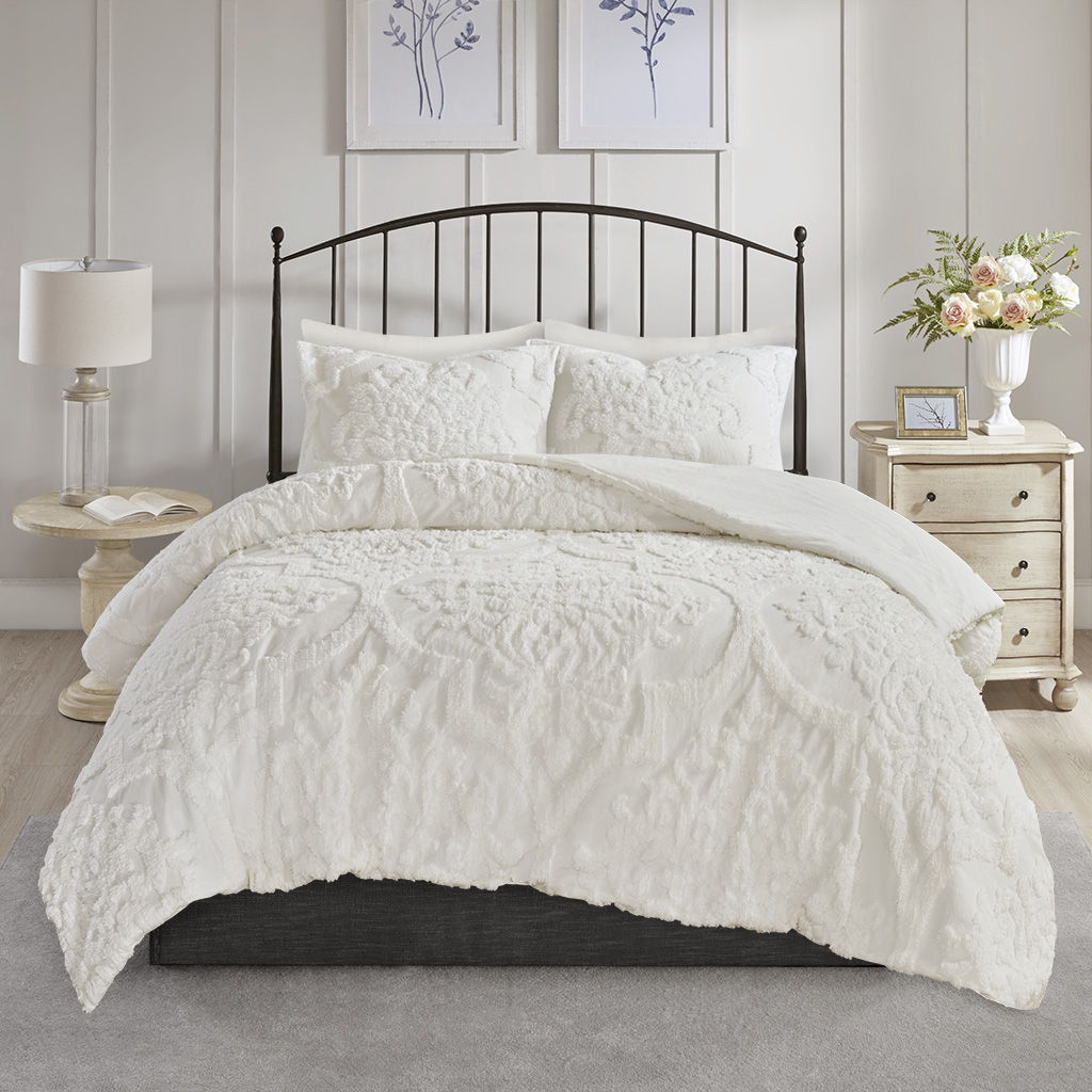 Viola - King 3 Piece Tufted Damask Comforter Set - Off White