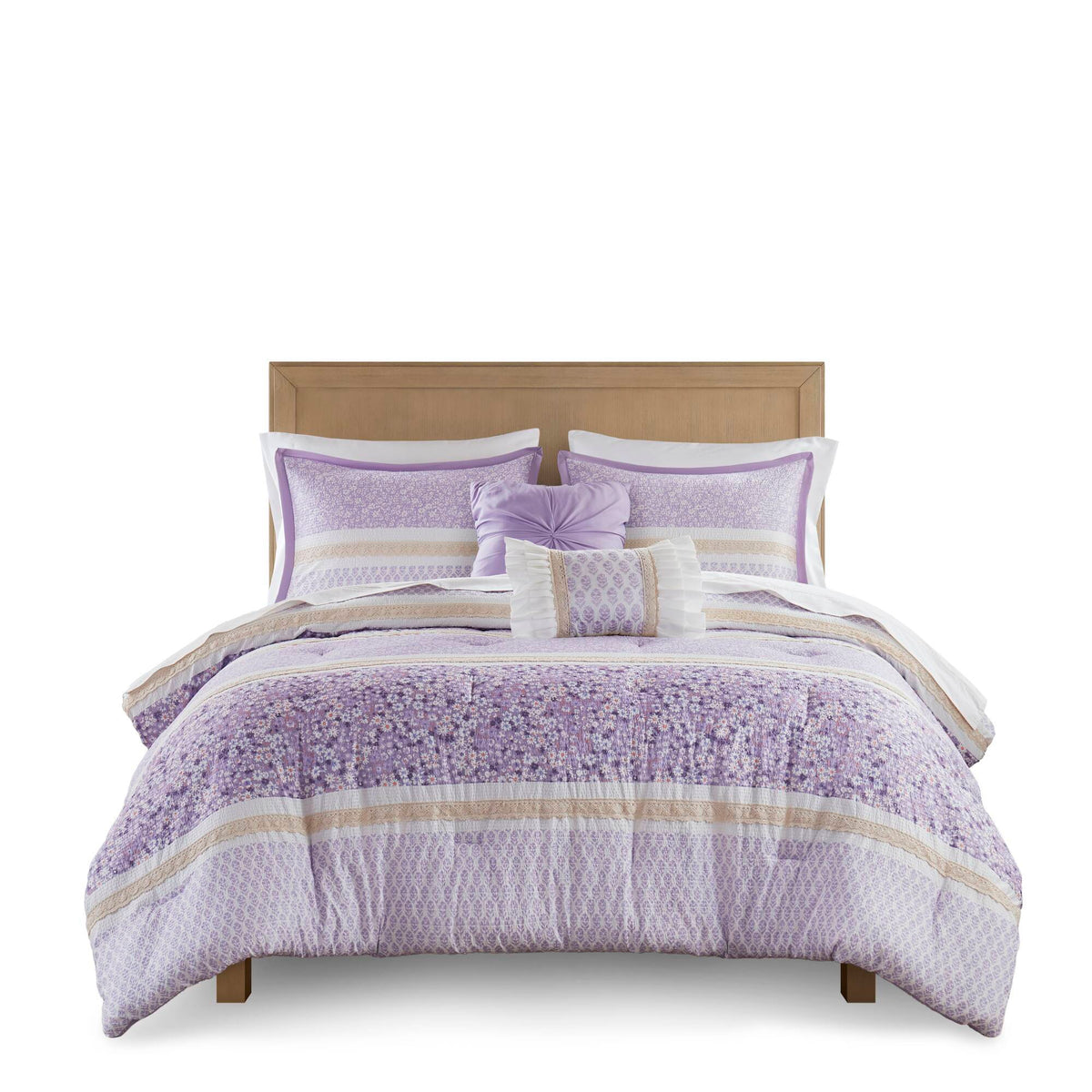 Caralie - 5 Piece Seersucker Comforter Set With Throw Pillows - Purple