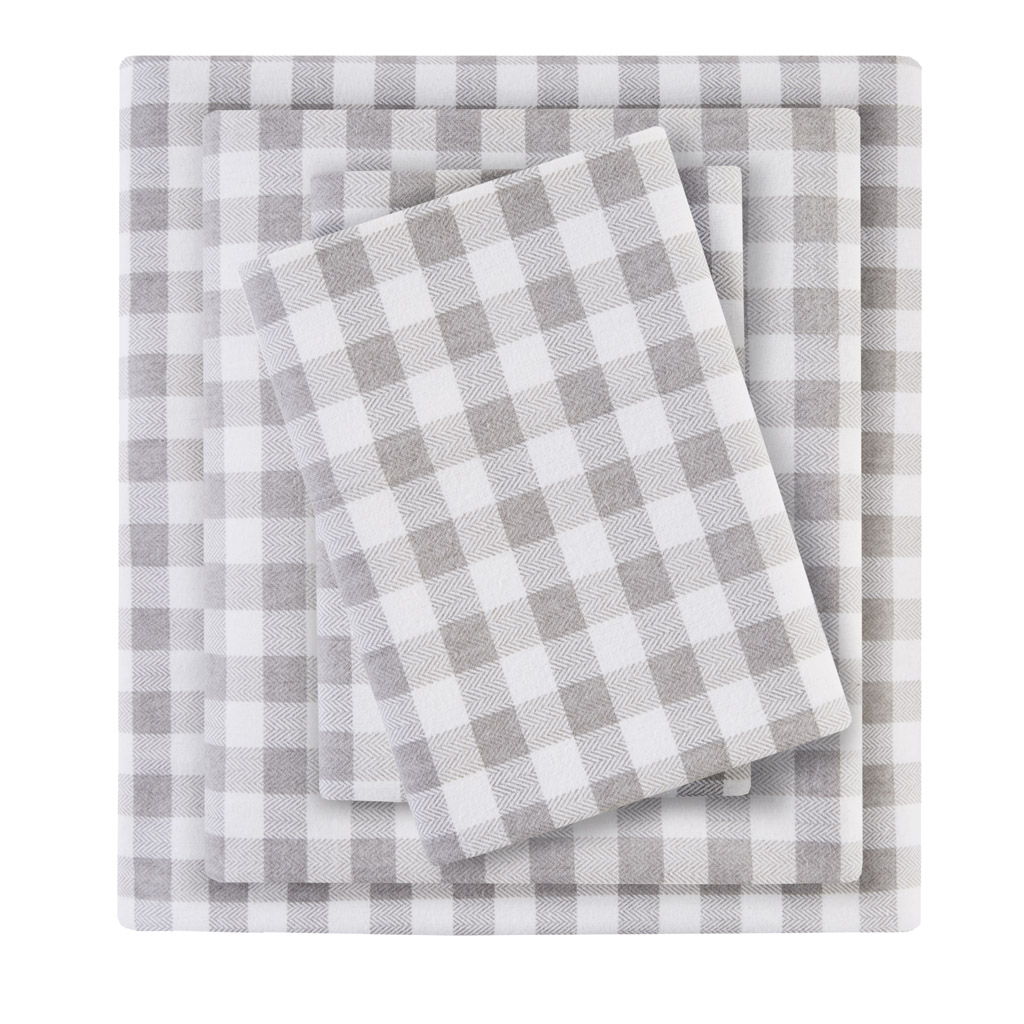 Cozy Flannel - 4 Piece King Printed Sheet Set - Gray Herringbone Check