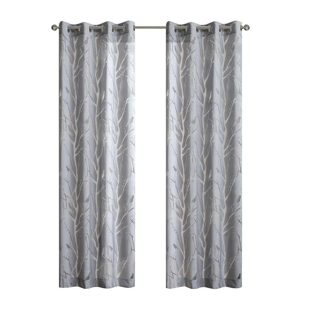 Averil - 63" Grommet Top Sheer Bird On Branches Burnout Window Curtain - Gray