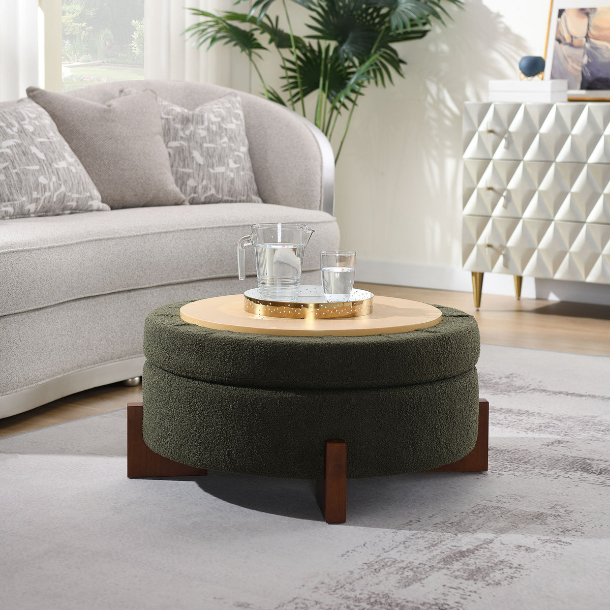 Round Storage Ottoman, Footrest Stool For Living Room