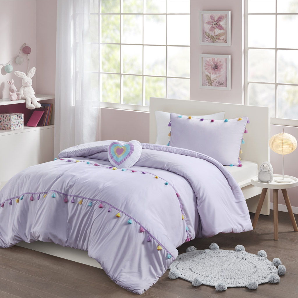 Tessa - 4 Piece Full/Queen Tassel Comforter Set With Heart Shaped Throw Pillow - Lavender
