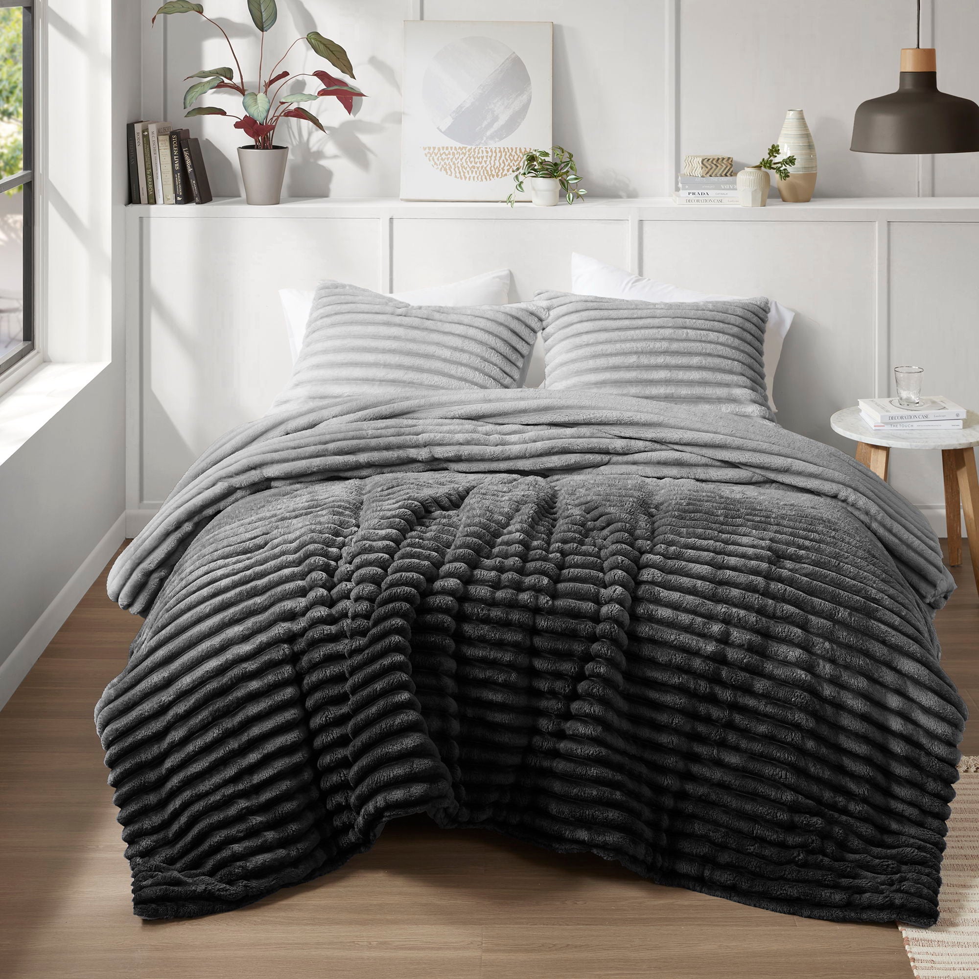 Avril - Twin/Twin Long Fluffy Ribbed Plush Comforter Set - Gray Ombre