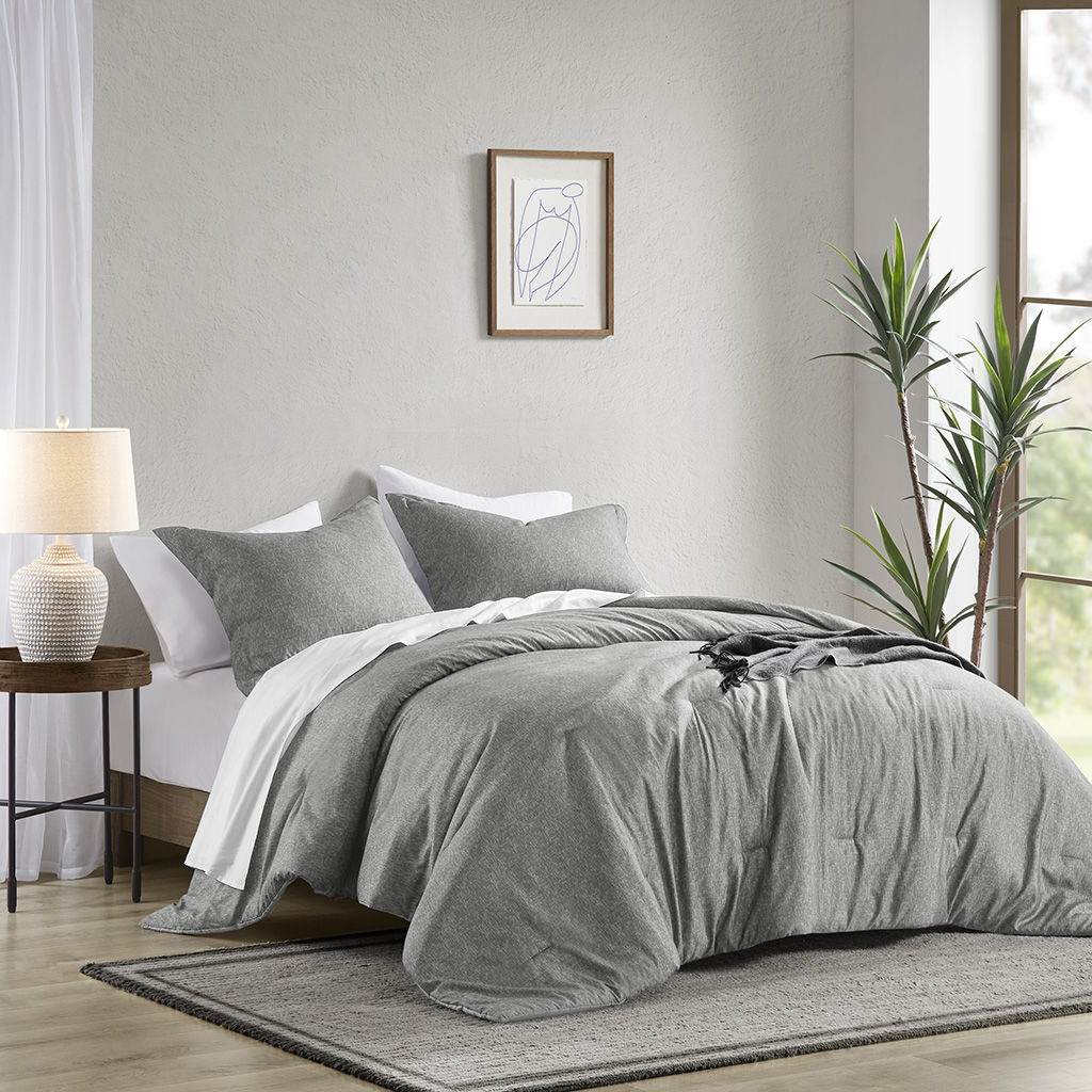 Camden - Full/Queen Chambray Print Solid Comforter Set - Gray