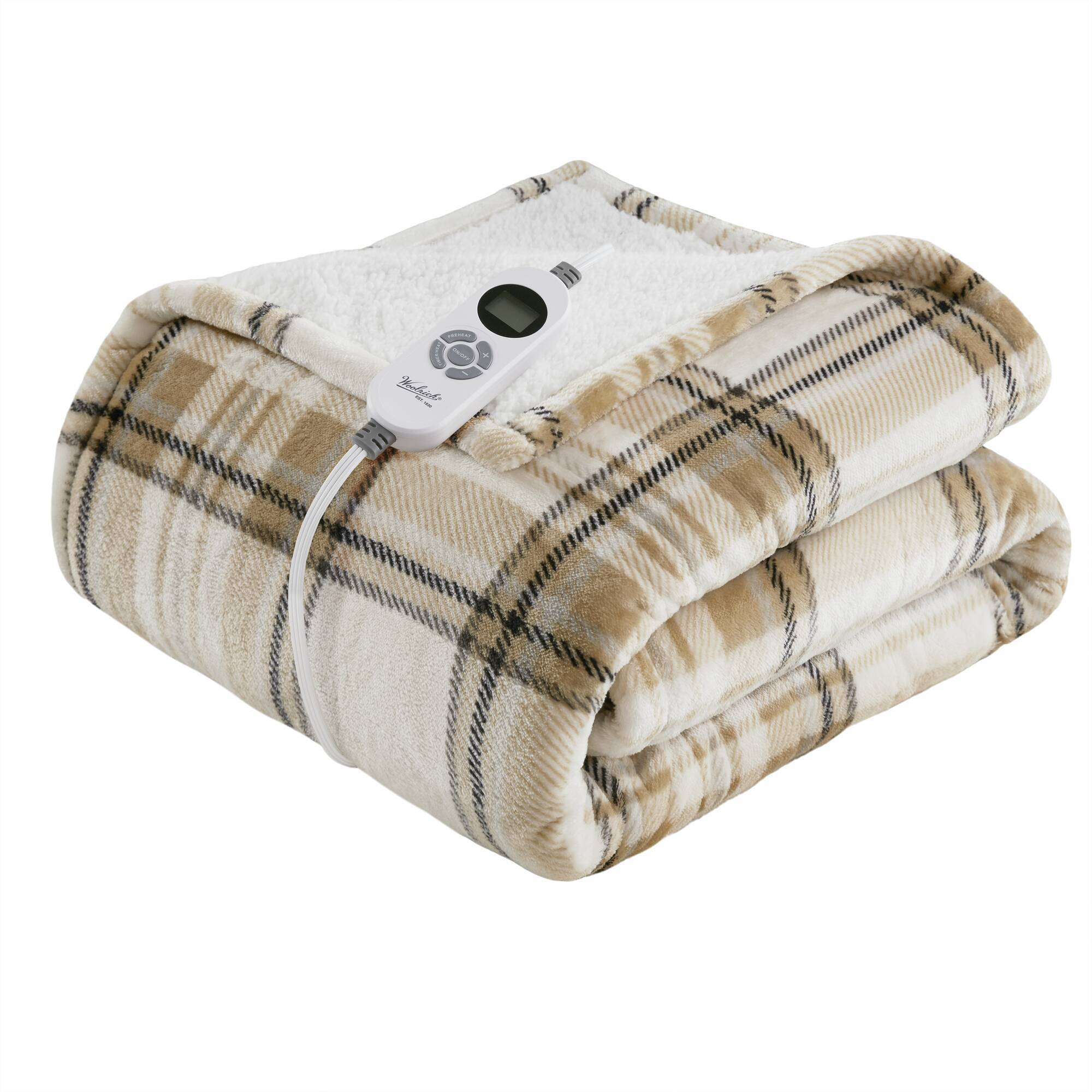 Print Plush To Sherpa - 50X60" Heated Throw - Tan Plaid