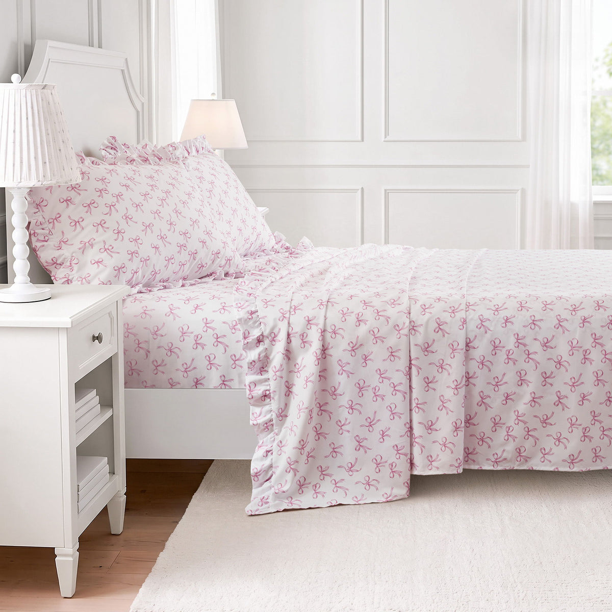 Microfiber Ruffle - Twin Long Sheets - Pink Bow