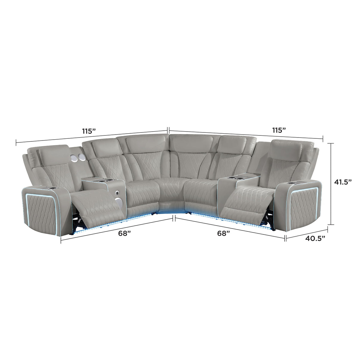 Electra - Power Recliner Sectional Sofa With Power Headrests, Console Loveseats, Wedge, LED Light Strip, Speakers
