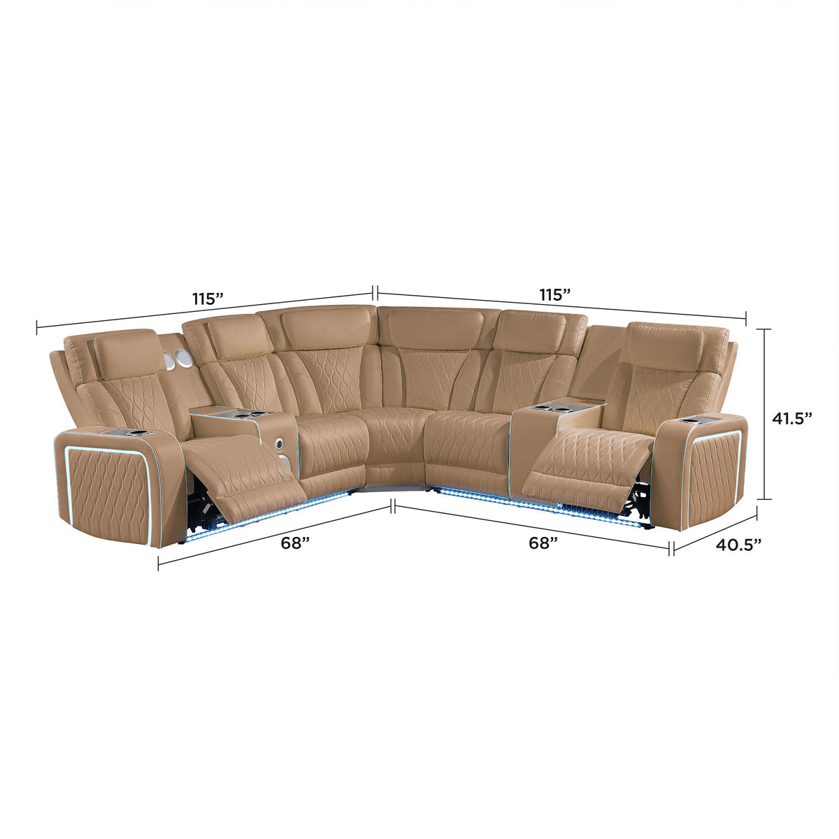 Electra - Power Recliner Sectional Sofa With Power Headrests, Console Loveseats, Wedge, LED Light Strip, Speakers
