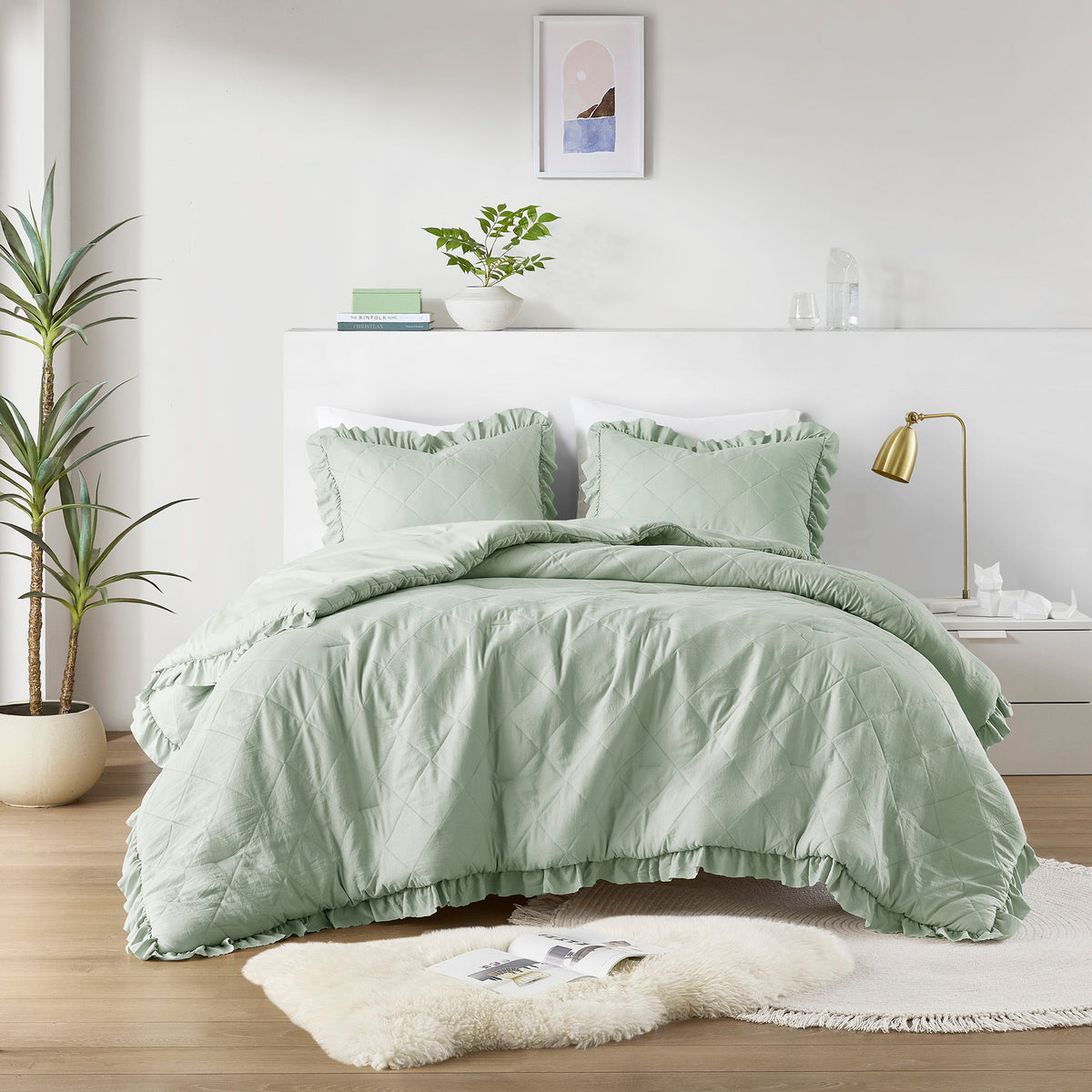 Phoebe - King/California King Diamond Quilted Ruffle Edge Comforter Set - Sage