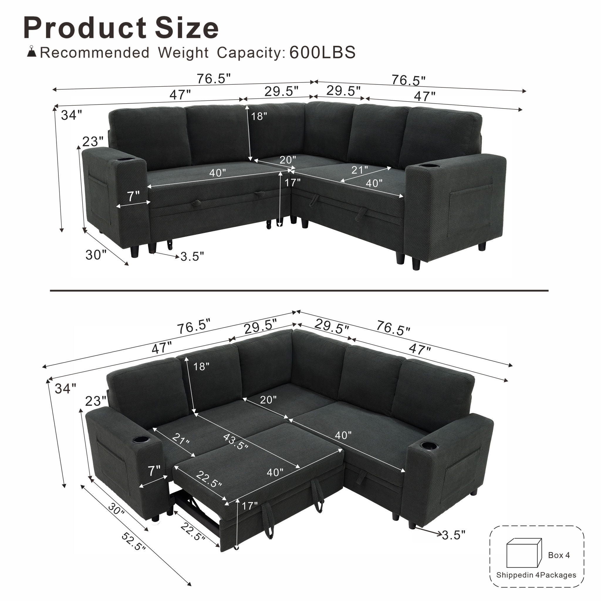 Upholstered L - Shape Sectional Sofa Bed With Pull Out Sleeper And Storage