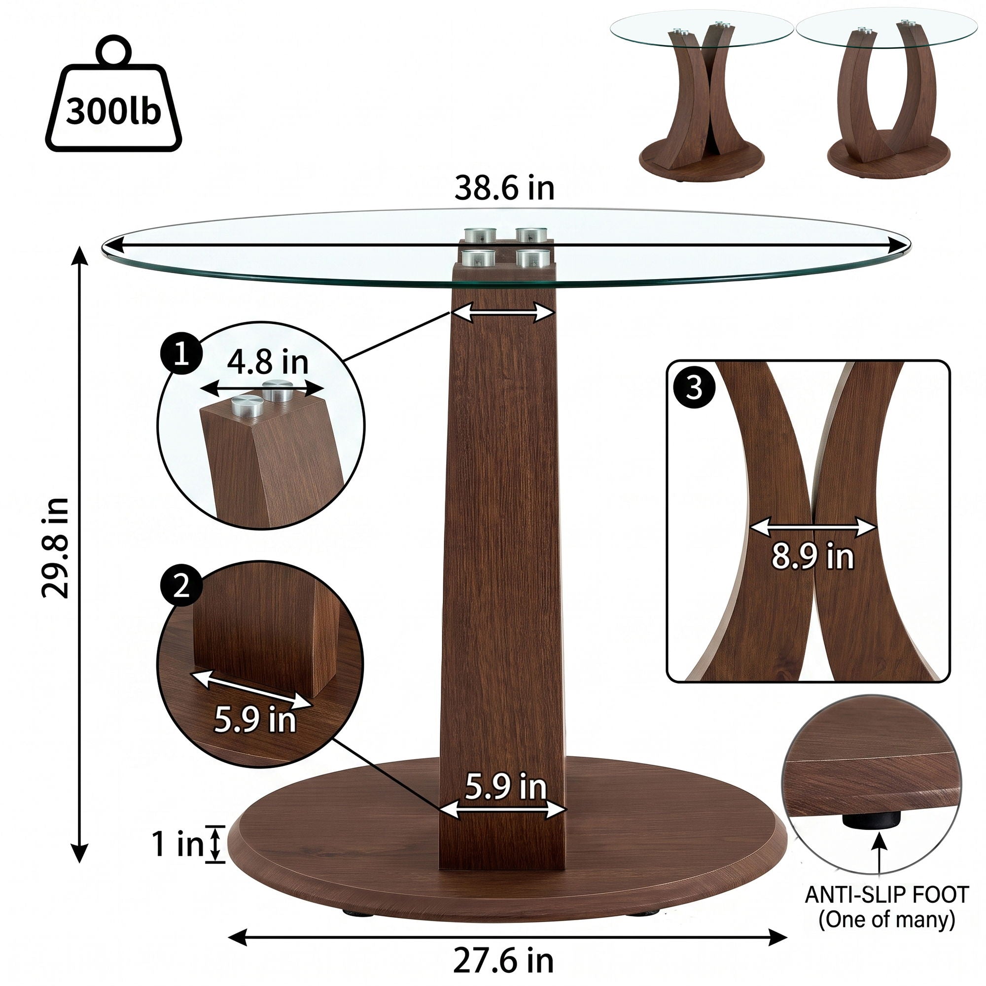 2 In 1 Round Glass Dining Table With Adjustable Curved Base, - Transparent / Walnut