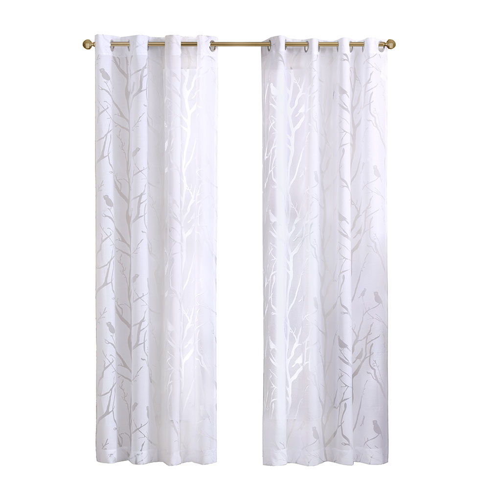 Averil - 63" Grommet Top Sheer Bird On Branches Burnout Window Curtain - White