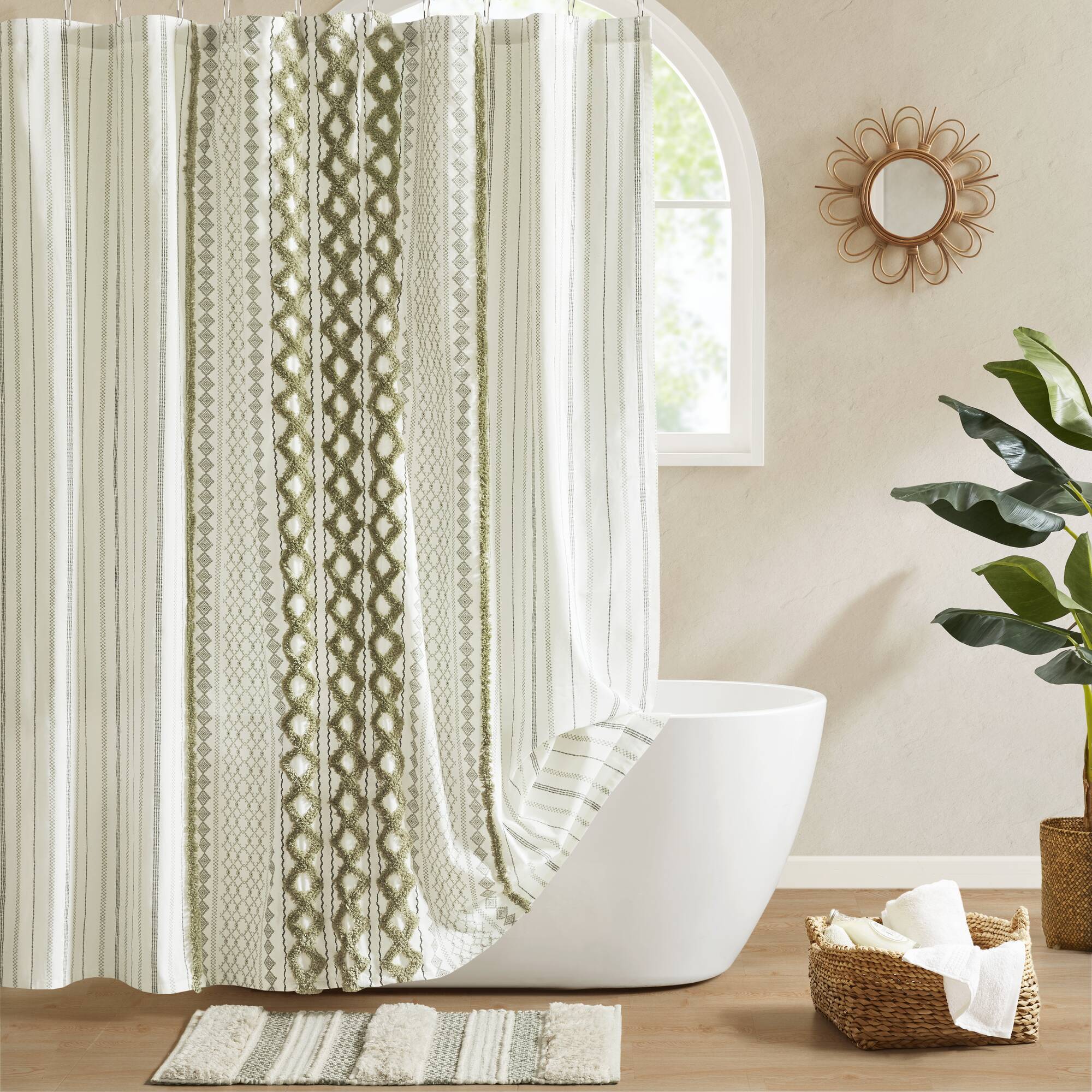 Imani - Printed Shower Curtain With Chenille - Sage