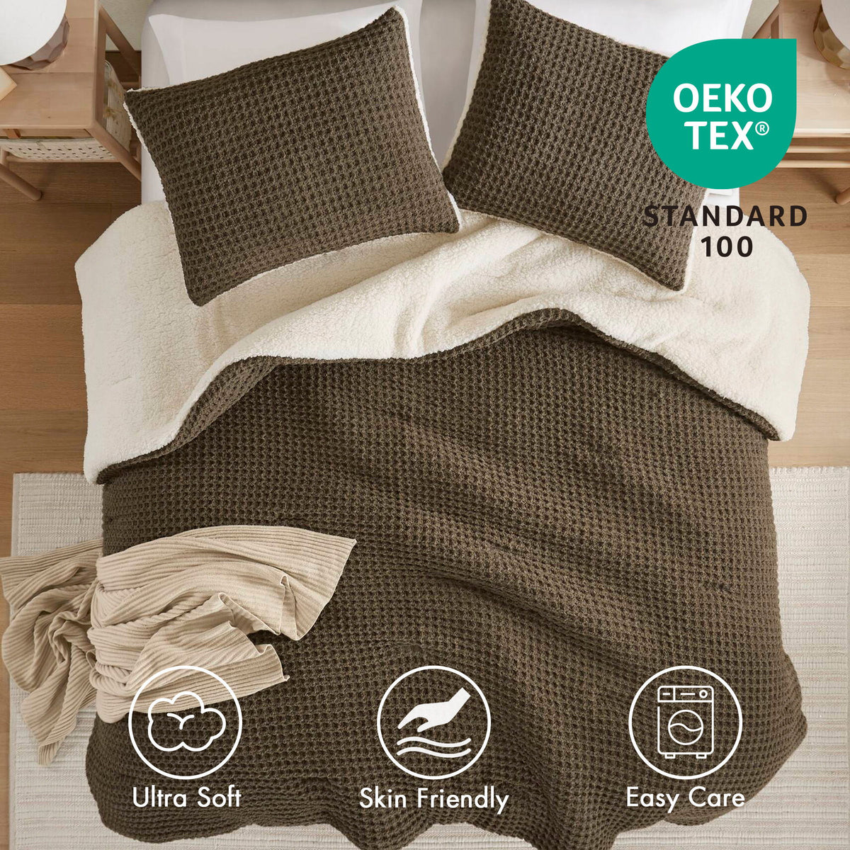 Riordan - 3 Piece Full/Queen Waffle Knit Comforter Set - Brown