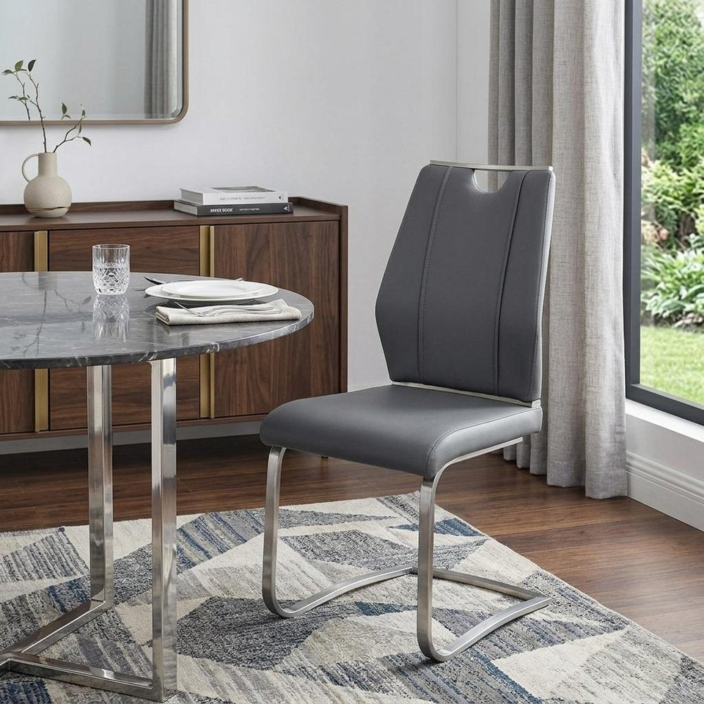 Set of Two Gray and Silver Upholstered Leather Dining Side Chairs