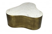 39" White And Brass Genuine Marble And Iron Free Form Solid Coffee Table