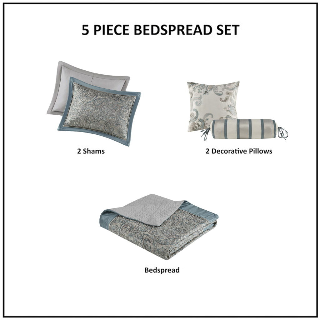 Aubrey - 5 Piece Queen Jacquard Bedspread Set With Throw Pillows - Blue