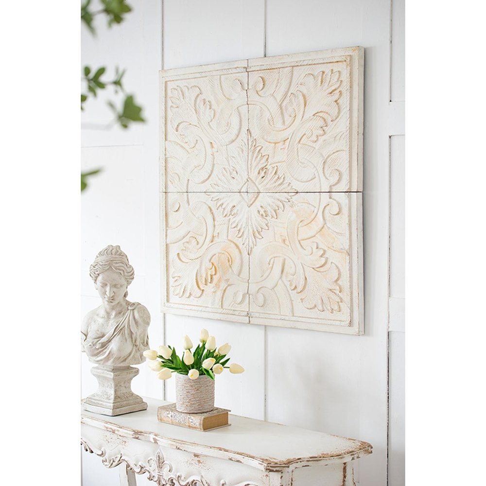 Set of Four White Wood Square Framed Art