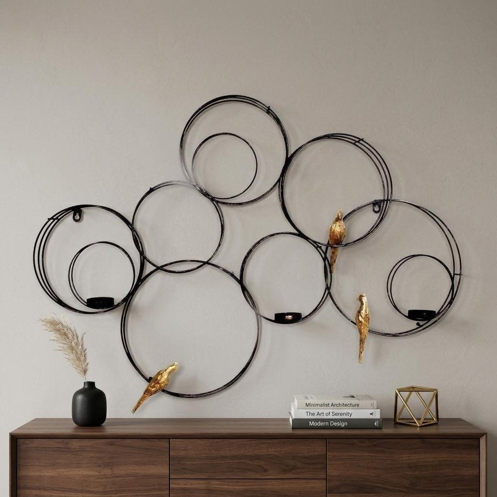 32" Black And Gold Metal Circles And Birds Hanging Sculpture With Votive Holders