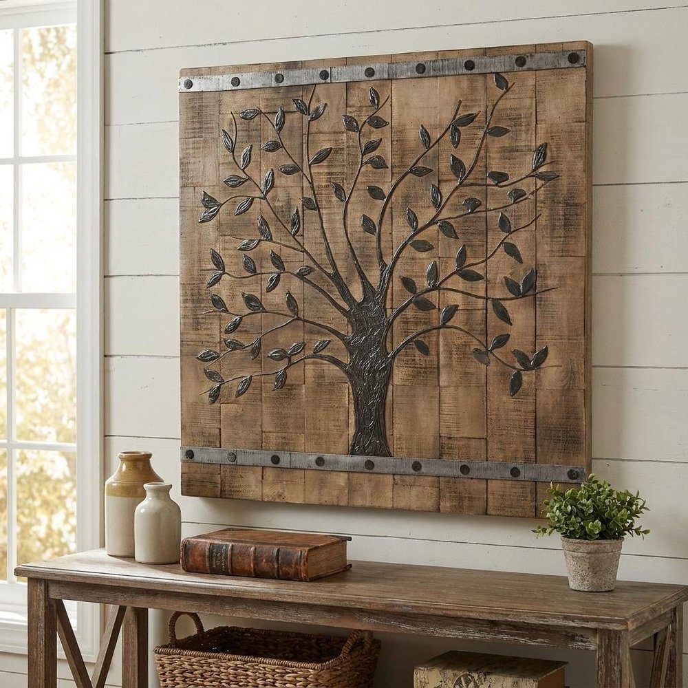 36" X 2" Brown Mango Wood Square Hanging Tapestry