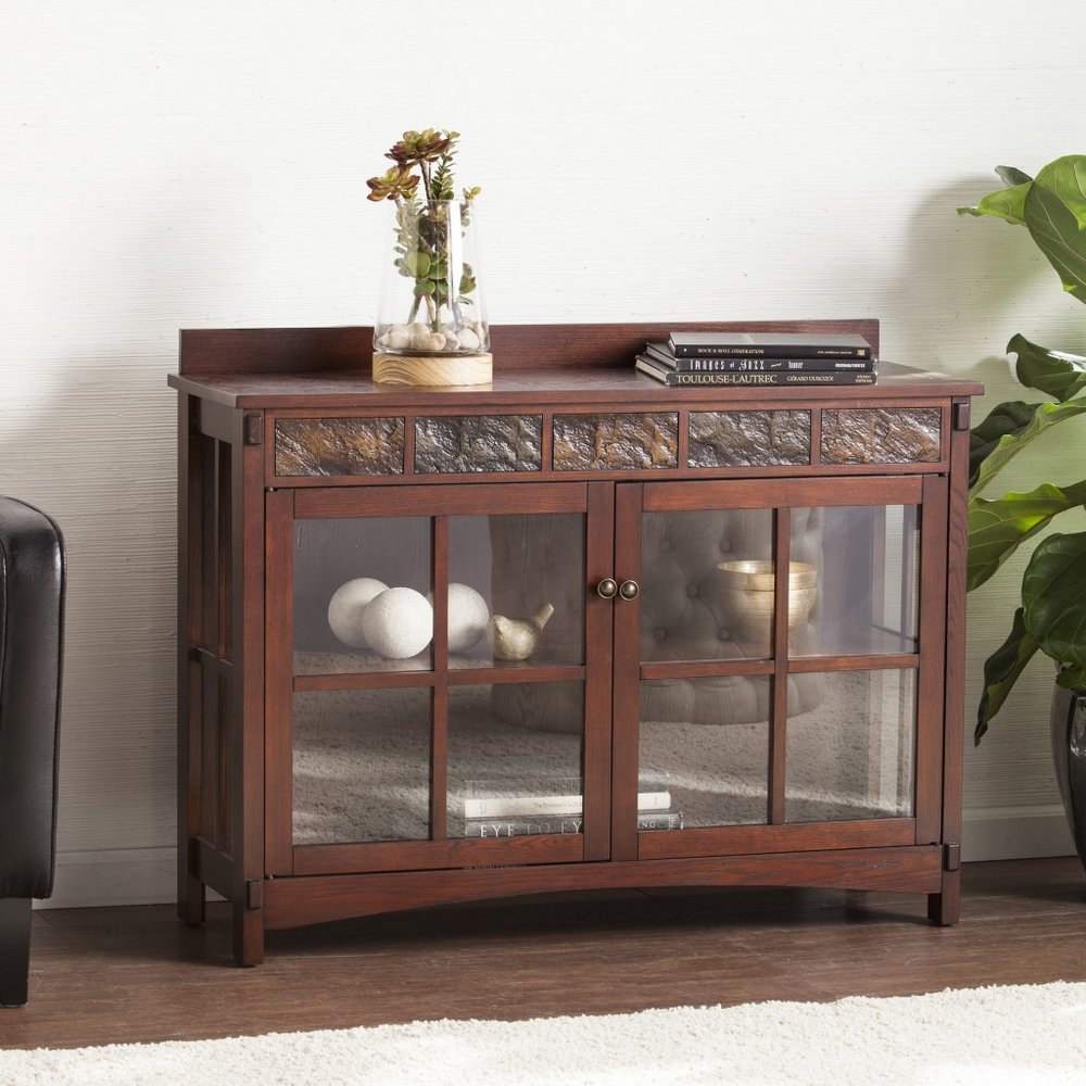 44" Brown Wood With Glass Sideboard with Two Doors
