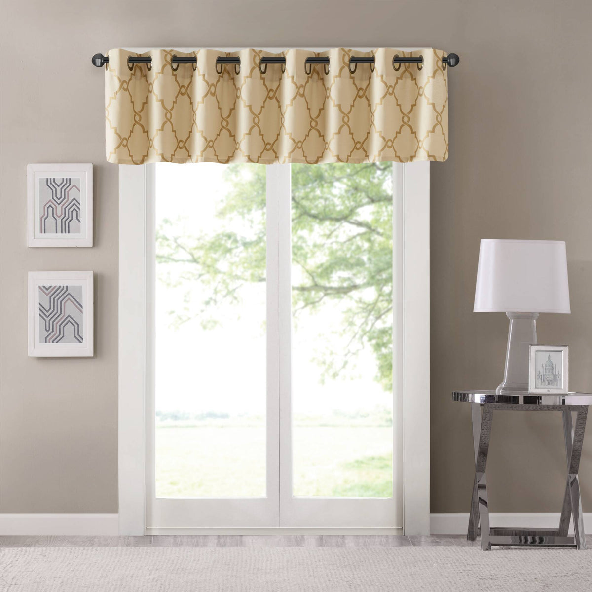 Saratoga - Fretwork Print Grommet Top Window Valance - Beige / Gold