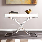 42" Silver Mirrored Glass and Metal Cross Leg Console Table