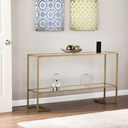 52" Clear and Gold Mirrored Glass and Metal Sled Console Table With Shelf