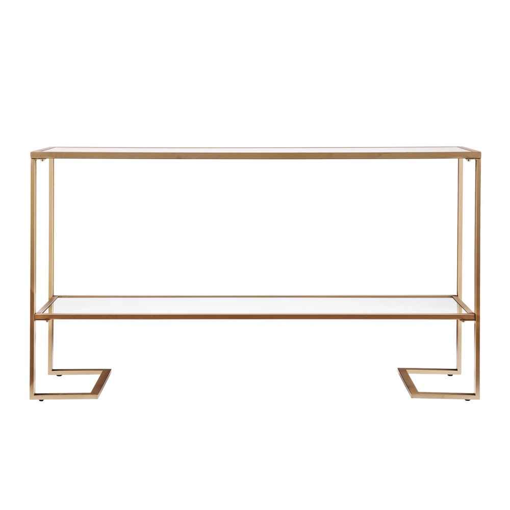 52" Clear and Gold Mirrored Glass and Metal Sled Console Table With Shelf