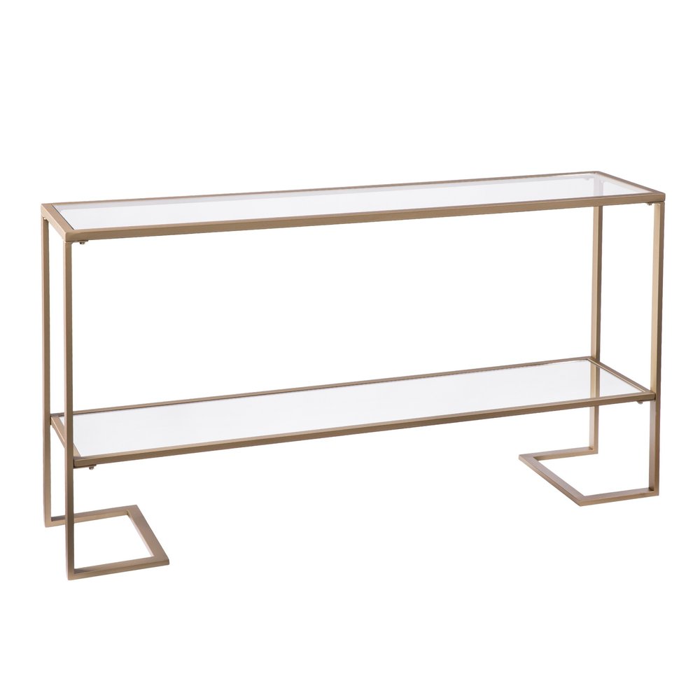52" Clear and Gold Mirrored Glass and Metal Sled Console Table With Shelf